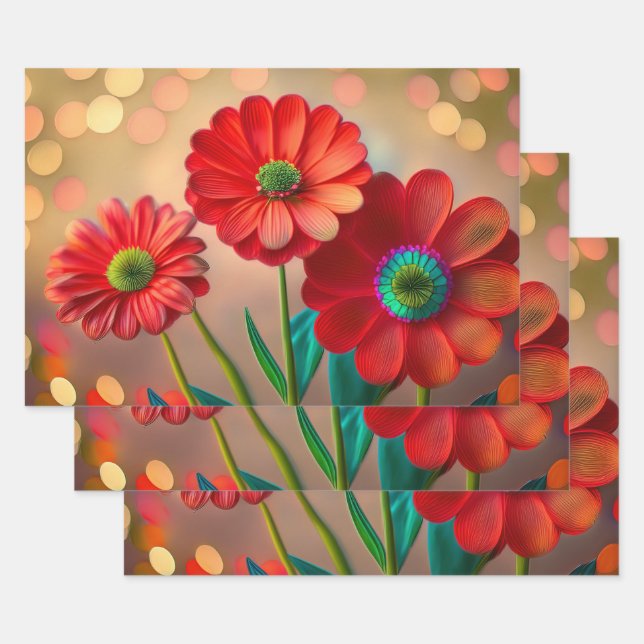 Bright Red Daisy Flowers Wrapping Paper Sheets (Set)