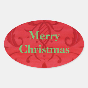 Bright Red Damask Merry Christmas Stickers