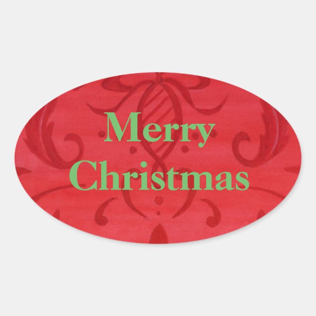 Bright Red Damask Merry Christmas Stickers (Front)