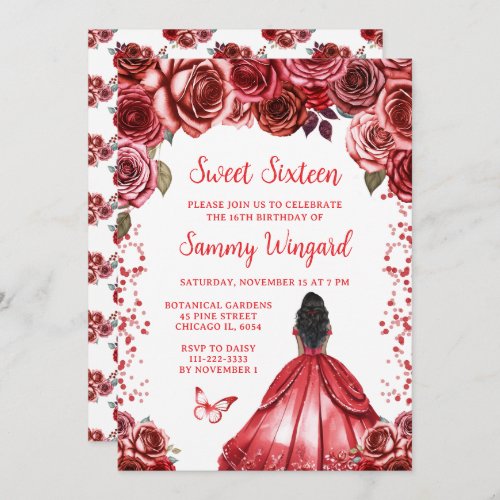Bright Red Dark Skin Princess Sweet Sixteen Invitation