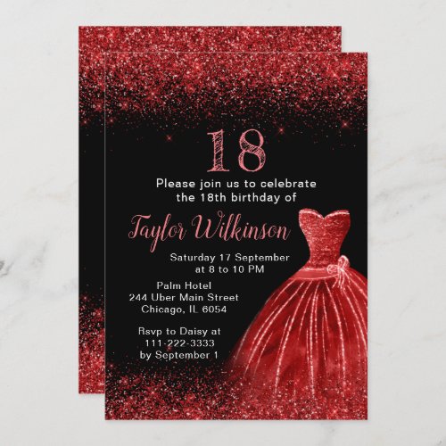 Bright Red Dress Faux Glitter Birthday Party Invitation