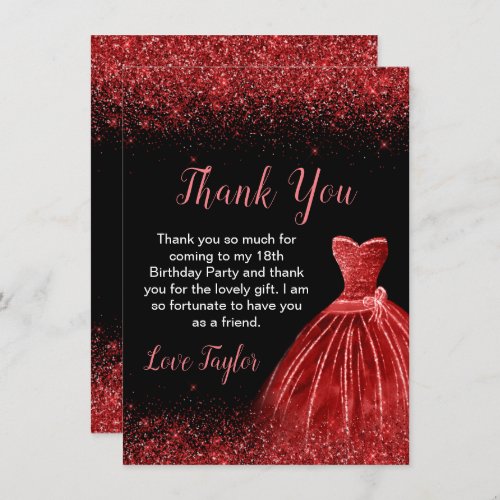 Bright Red Dress Faux Glitter Birthday Thank You