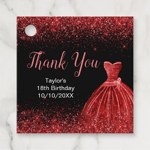 Bright Red Dress Faux Glitter Birthday Thank You Favor Tags