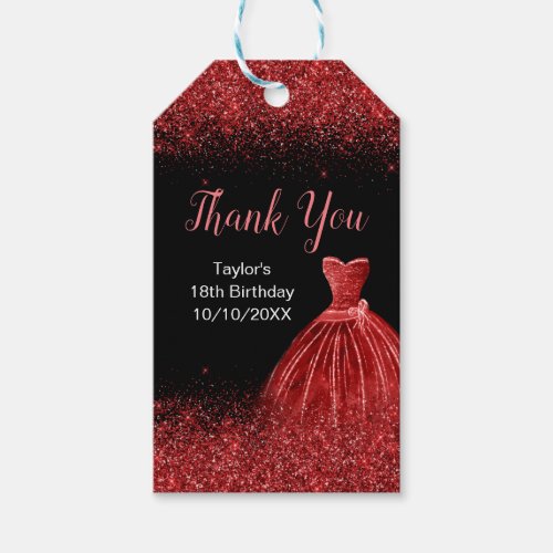 Bright Red Dress Faux Glitter Birthday Thank You Gift Tags