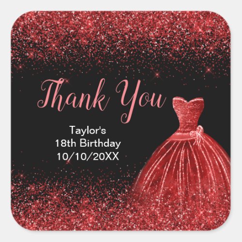 Bright Red Dress Faux Glitter Birthday Thank You Square Sticker