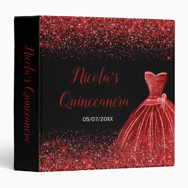 Bright Red Dress Faux Glitter Quinceanera Album 3 Ring Binder (Front/Spine)