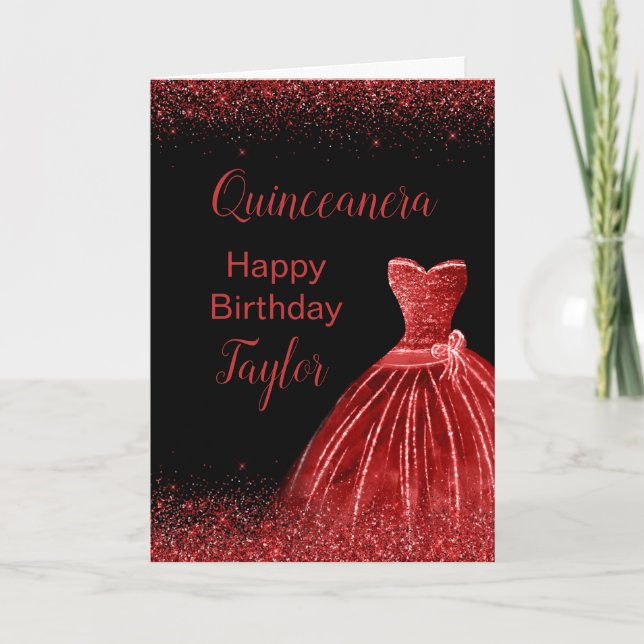 Bright Red Dress Faux Glitter Quinceanera Card (Front)