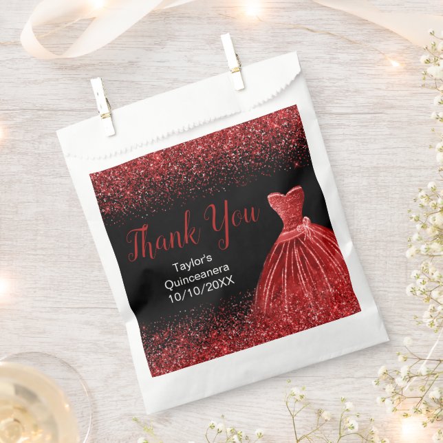 Bright Red Dress Faux Glitter Quinceanera Favor Bag (Clipped)
