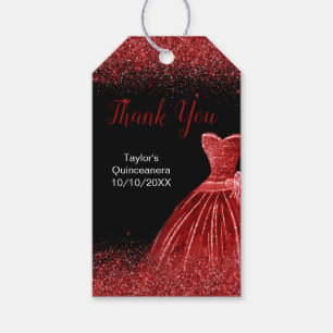 Bright Red Dress Faux Glitter Quinceanera Gift Tags