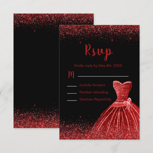 Bright Red Dress Faux Glitter Quinceanera RSVP Card (Front/Back)