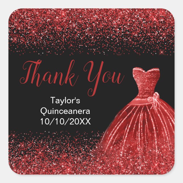 Bright Red Dress Faux Glitter Quinceanera Square Sticker (Front)