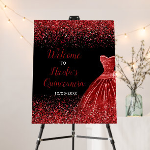 Bright Red Dress Faux Glitter Quinceanera Welcome Foam Board