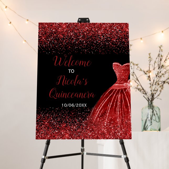 Bright Red Dress Faux Glitter Quinceanera Welcome Foam Board (In Situ (Stand))
