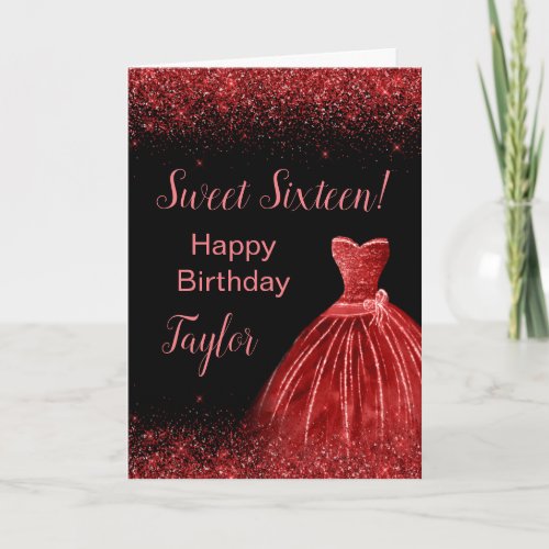 Bright Red Dress Faux Glitter Sweet 16 Birthday Card