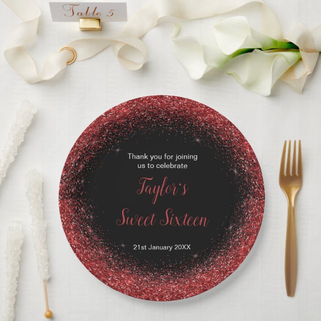 Bright Red Dress Faux Glitter Sweet 16 Birthday Paper Plates (Wedding)