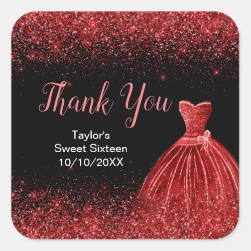 Bright Red Dress Faux Glitter Sweet 16 Birthday Square Sticker