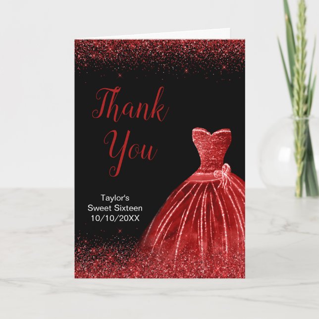 Bright Red Dress Faux Glitter Sweet 16 Birthday Thank You Card (Front)