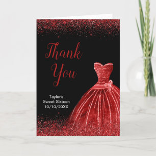 Bright Red Dress Faux Glitter Sweet 16 Birthday Thank You Card