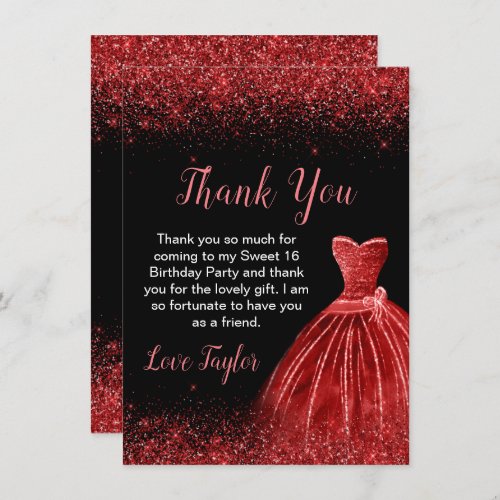 Bright Red Dress Faux Glitter Sweet 16 Birthday Thank You Card