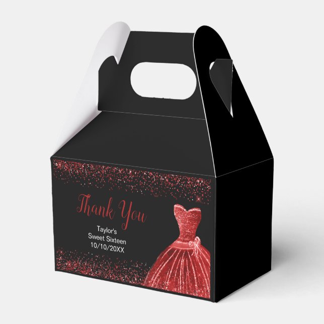 Bright Red Dress Faux Glitter Sweet 16  Favor Boxes (Front Side)