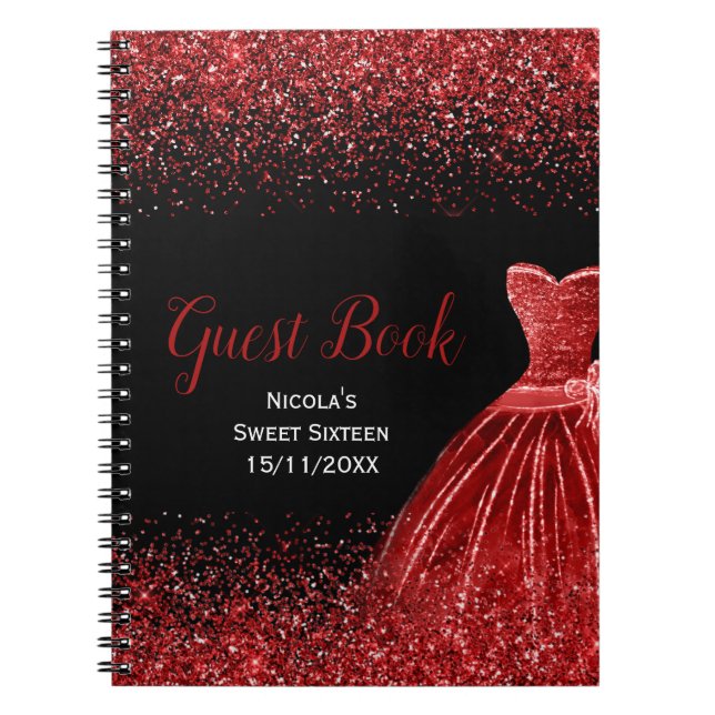 Bright Red Dress Faux Glitter Sweet 16  Guest Book (Front)