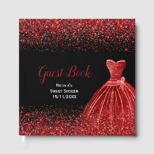 Bright Red Dress Faux Glitter Sweet 16  Guest Book