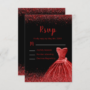 Bright Red Dress Faux Glitter Sweet 16 RSVP Card
