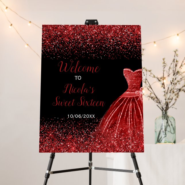 Bright Red Dress Faux Glitter Sweet 16 Welcome Foam Board (In Situ (Stand))