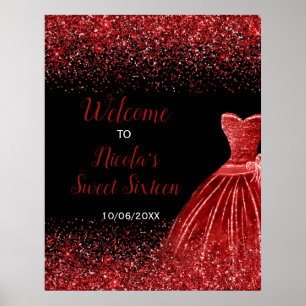 Bright Red Dress Faux Glitter Sweet 16 Welcome Poster