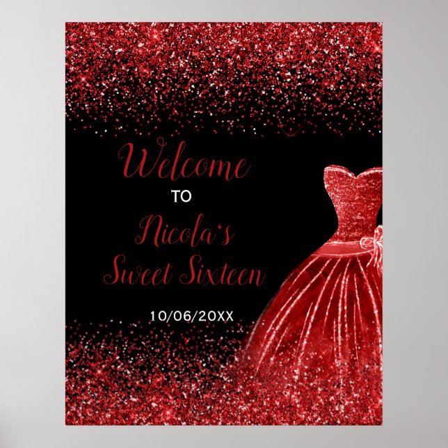 Bright Red Dress Faux Glitter Sweet 16 Welcome Poster (Front)