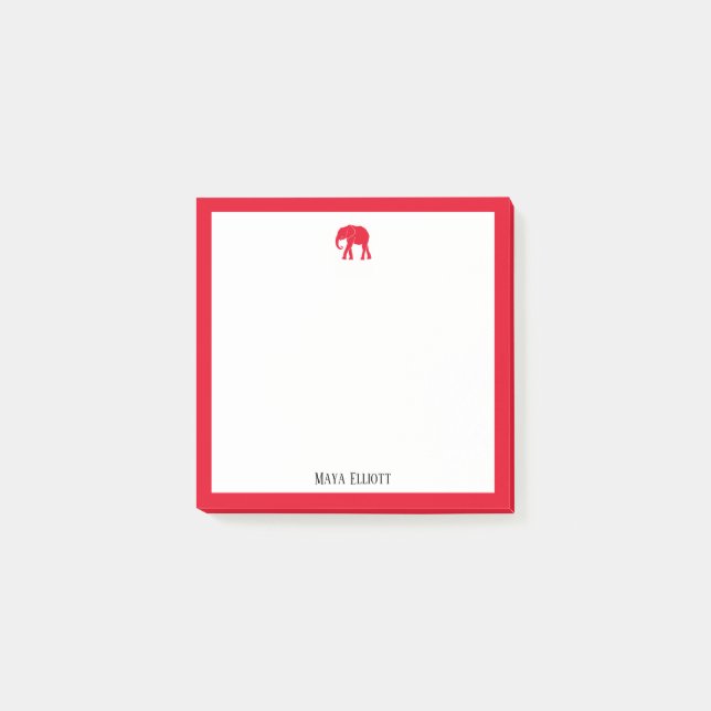 Bright Red Elephant and Border on White with Name Post-it Notes (Front)