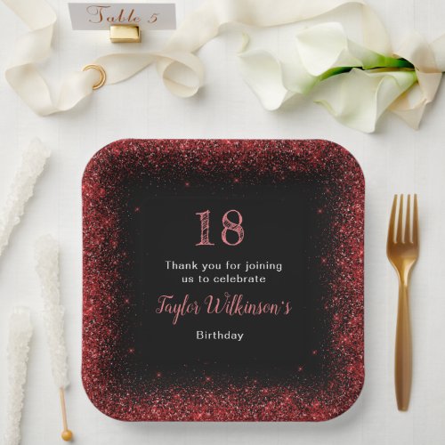 Bright Red Faux Glitter Birthday Party Paper Plates