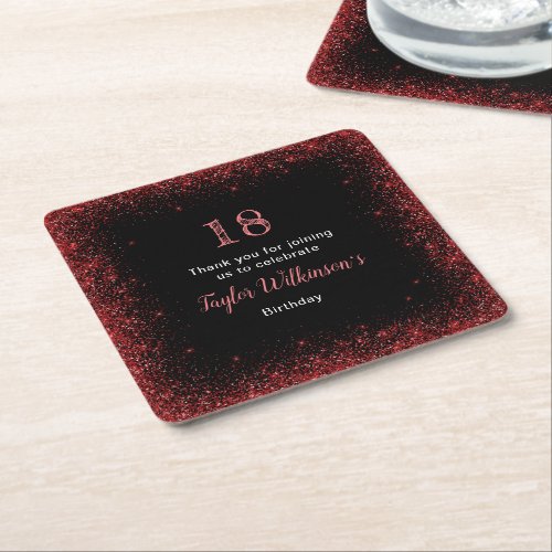 Bright Red Faux Glitter Birthday Party Square Paper Coaster