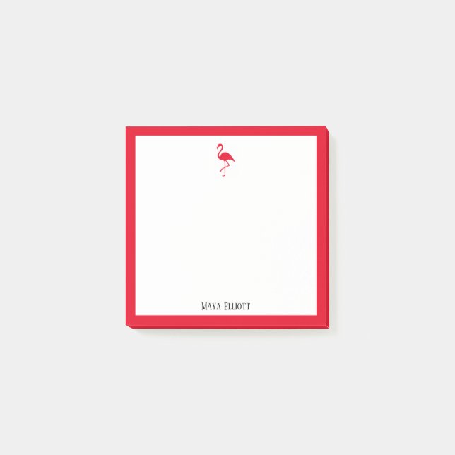 Bright Red Flamingo and Border on White with Name Post-it Notes (Front)