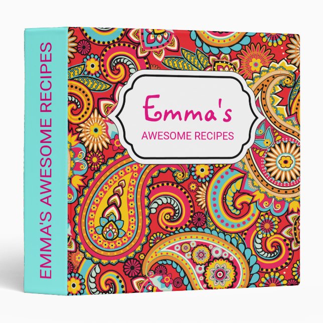 Bright Red Floral paisley bohemian pattern 3 Ring Binder (Front/Spine)