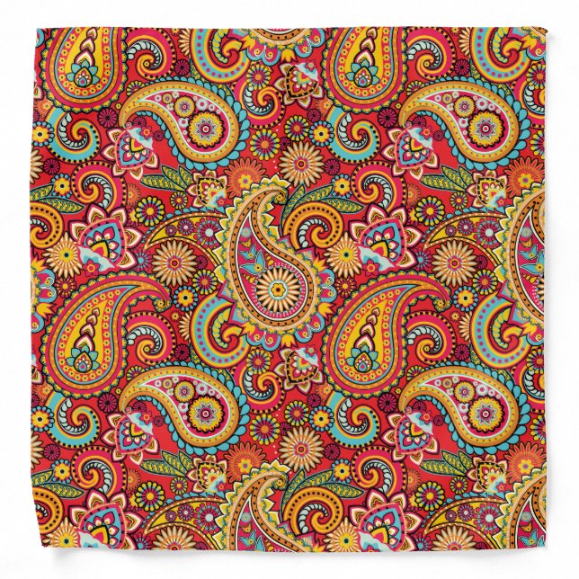 Bright Red Floral paisley bohemian pattern Bandana (Front)