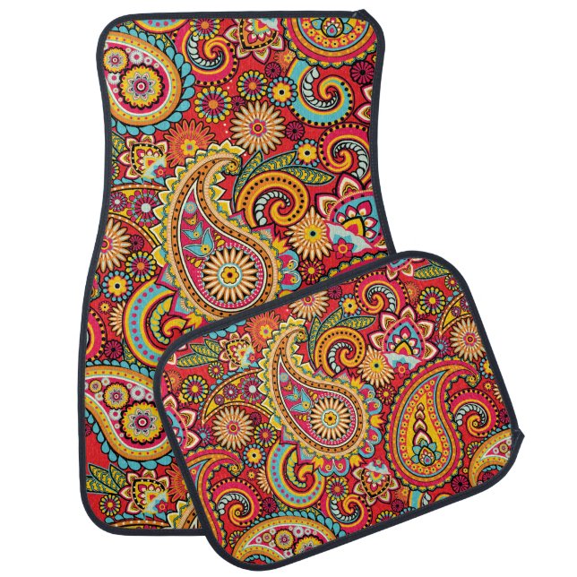 Bright Red Floral paisley bohemian pattern Car Mat (Set)