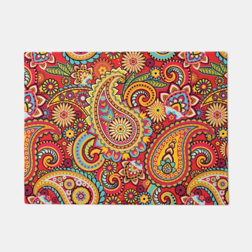 Bright Red Floral paisley bohemian pattern Doormat