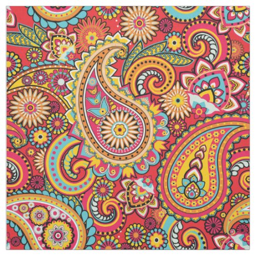 Bright Red Floral paisley bohemian pattern Fabric