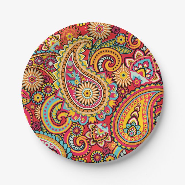 Bright Red Floral paisley bohemian pattern Paper Plates (Front)