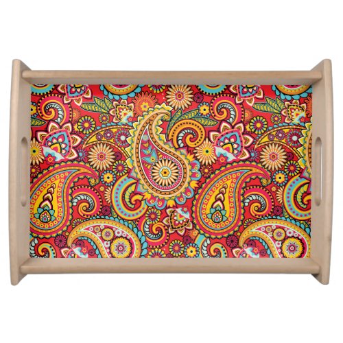 Bright Red Floral paisley bohemian pattern Serving Tray
