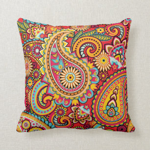 Bright Red Floral paisley bohemian pattern Throw Pillow