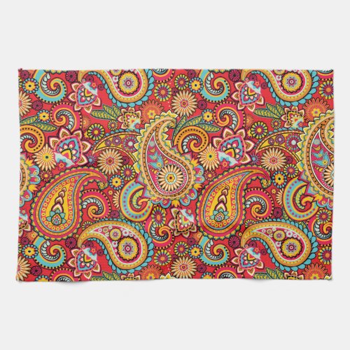 Bright Red Floral paisley bohemian pattern Towel