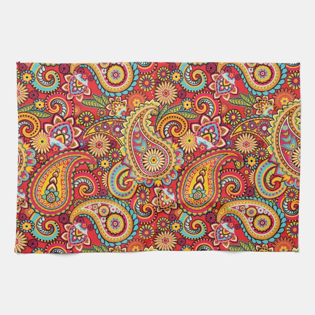 Bright Red Floral paisley bohemian pattern Towel (Horizontal)