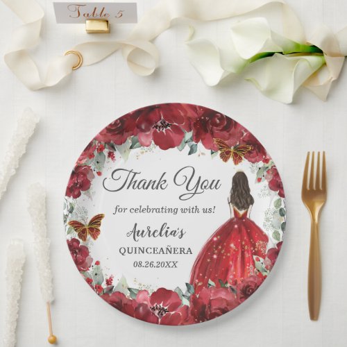 Bright Red Floral Peony Butterflies Gold Princess  Paper Plates