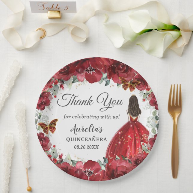 Bright Red Floral Peony Butterflies Gold Princess  Paper Plates (Wedding)
