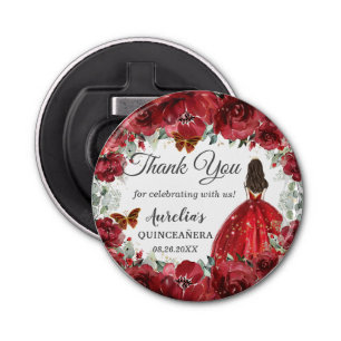 Bright Red Floral Peony Butterflies Princess Favor Bottle Opener
