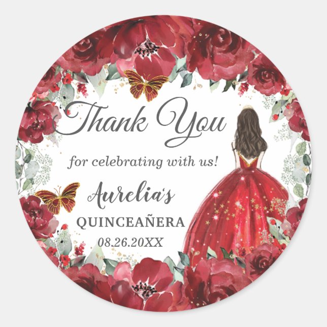 Bright Red Floral Peony Butterflies Princess Favor Classic Round Sticker (Front)