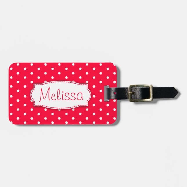 Bright red flower polka dots named luggage tag (Front Horizontal)