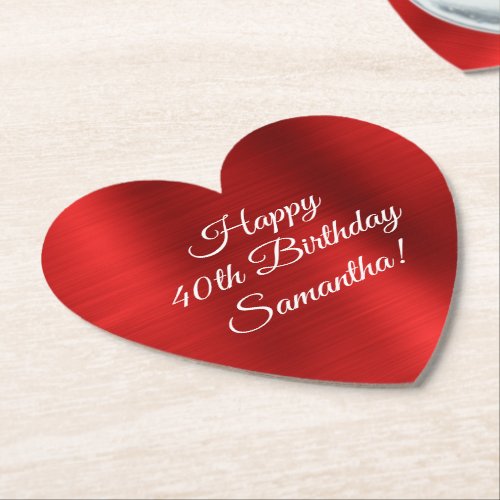 Bright Red Foil Personalized Happy 40th Birthday Paper Coaster
